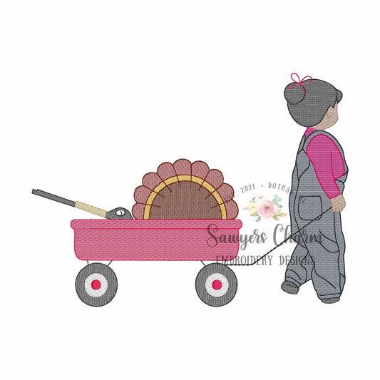 Little girl turkey hunting pulling wagon with bun sketch stitch machine embroidery design file, thanksgiving, fall outdoor hunter, overalls