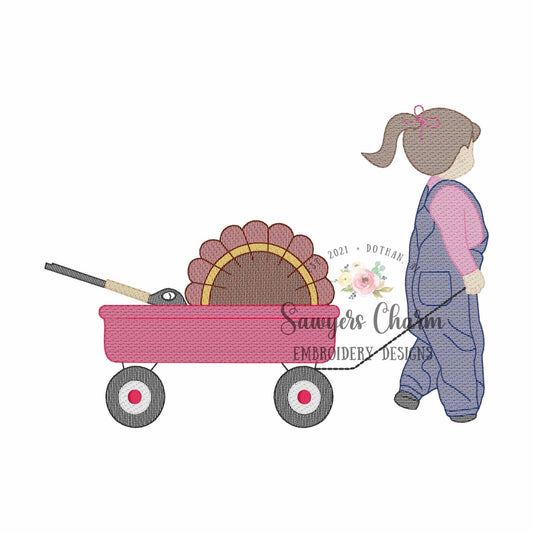 Little girl turkey hunting pulling wagon with ponytail sketch stitch machine embroidery design file, buck antlers, fall outdoor, overalls