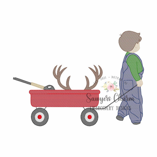 Little boy deer hunting pulling wagon sketch stitch machine embroidery design file, buck antlers, fall, outdoor hunt, overalls