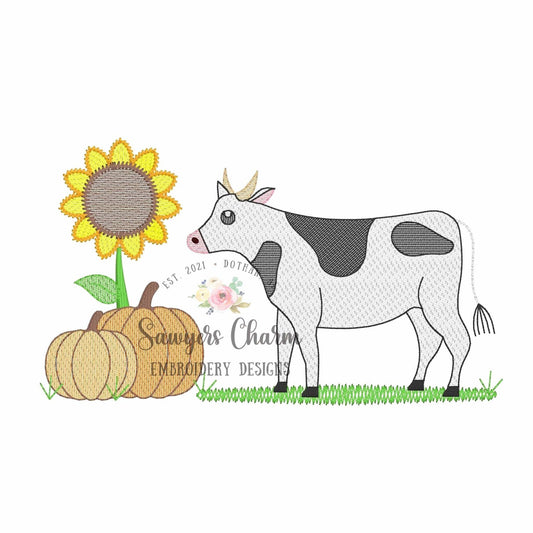 Sunflower, pumpkins, cow in grass sketch stitch machine embroidery design file, bean stitch details, fall, thanksgiving, farm animal, field