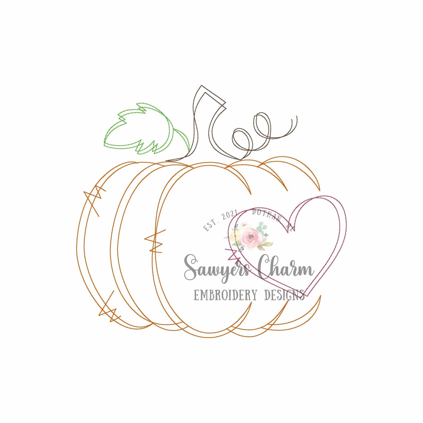 Scribble pumpkin frame with heart for names, bean stitch, machine embroidery design, quick stitch, fall, halloween, thanksgiving, Mom, grandma, love