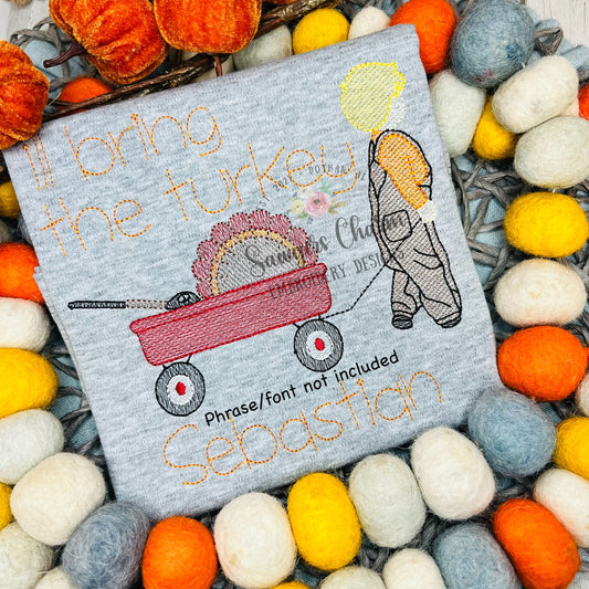 Little boy turkey hunting pulling wagon with ponytail sketch stitch machine embroidery design file, thanksgiving, fall, outdoor, overalls
