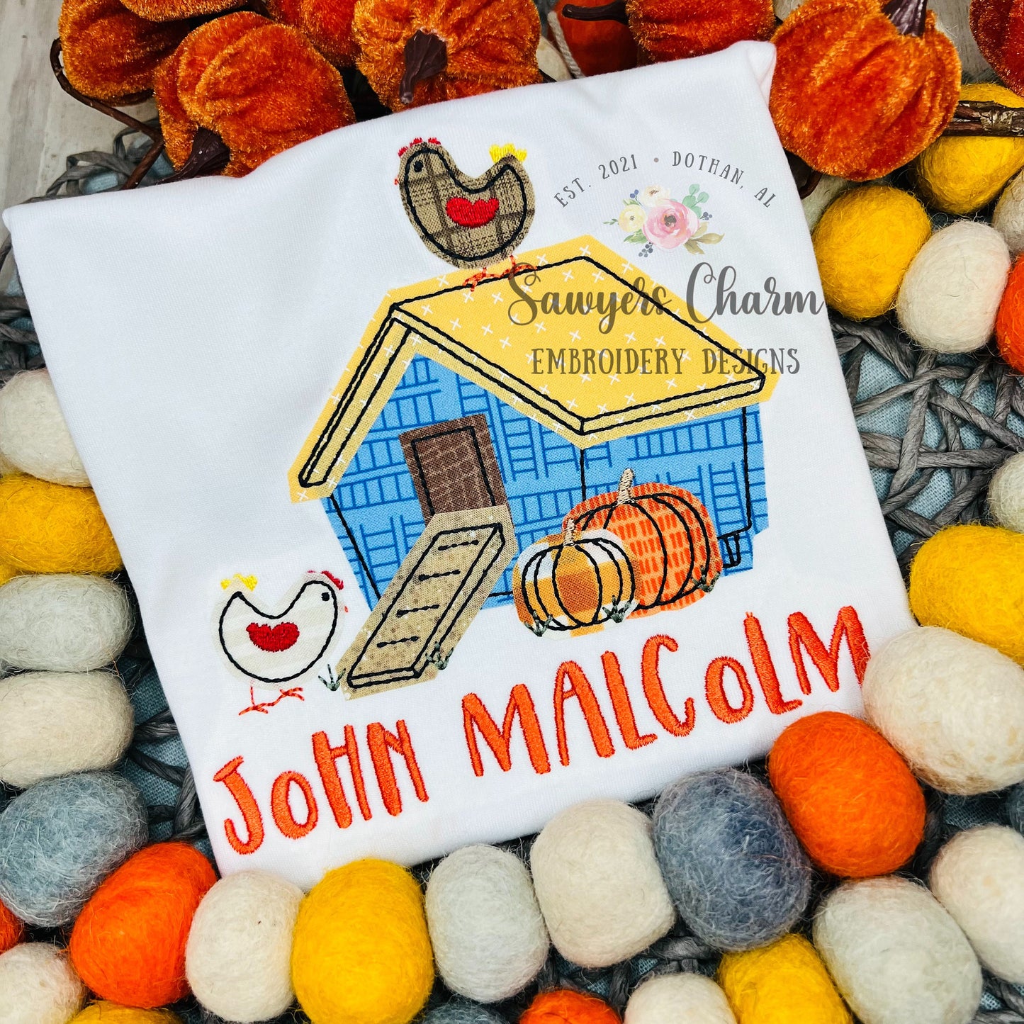 Chicken coop with pumpkins bean stitch applique, machine embroidery design file, quick stitch, farm animal, feed, fall, thanksgiving, hen