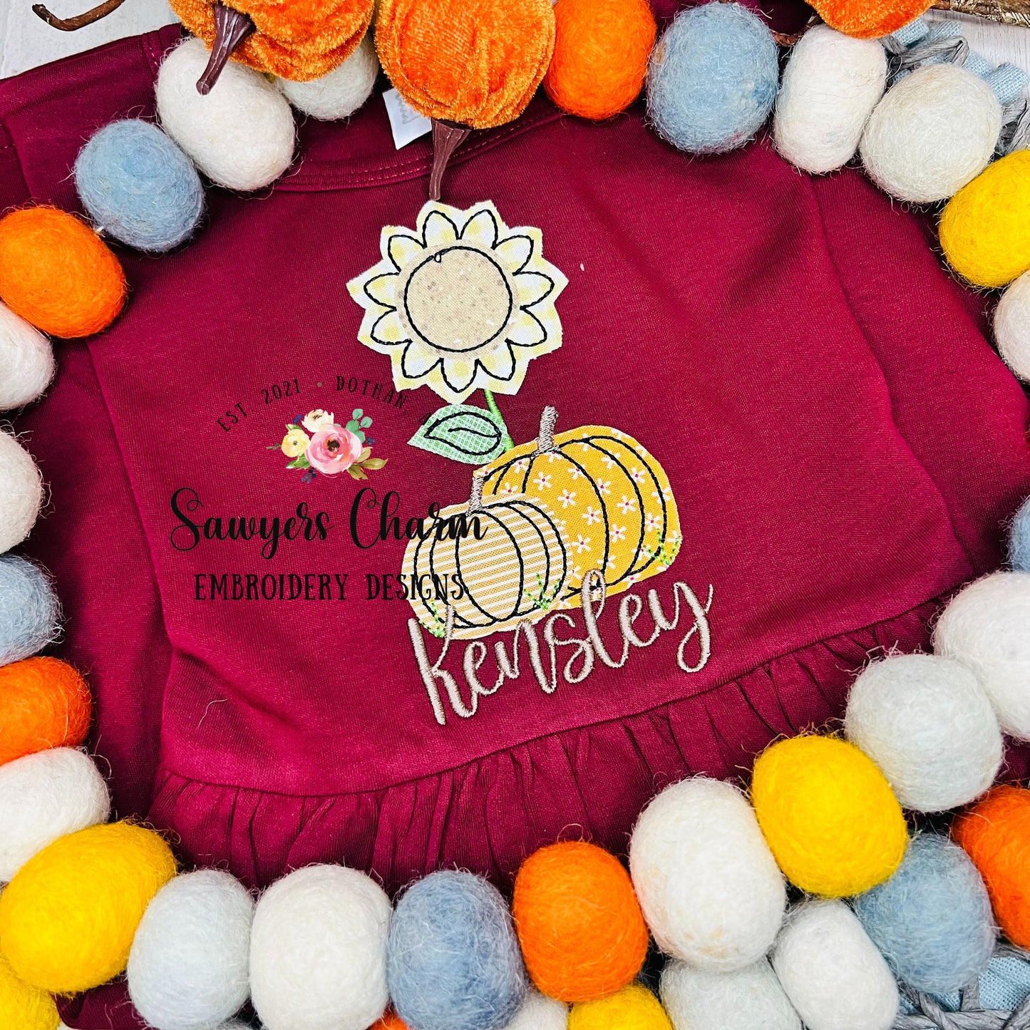 Sunflower and pumpkins bean stitch machine applique embroidery design file, quick stitch, fall, thanksgiving, field, outdoors