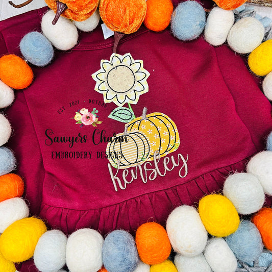 Sunflower and pumpkins bean stitch machine applique embroidery design file, quick stitch, fall, thanksgiving, field, outdoors