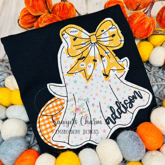 Ghost with bow & candy bucket bean stitch machine applique embroidery design, quick stitch, fall, halloween, spooky season, trick or treat