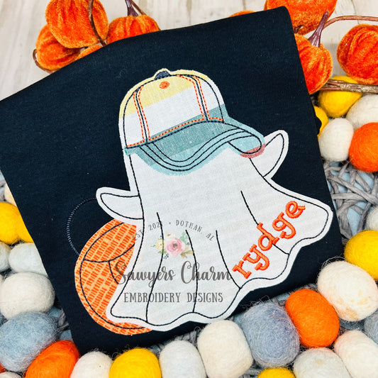 Ghost with ballcap & candy bucket bean stitch machine applique embroidery design, quick stitch, fall, halloween spooky season trick or treat