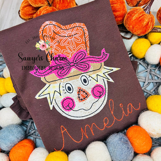 BUNDLE Girl Scarecrow with bow zig zag & bean stitch applique, machine embroidery design file, fall, thanksgiving, quick stitch, harvest