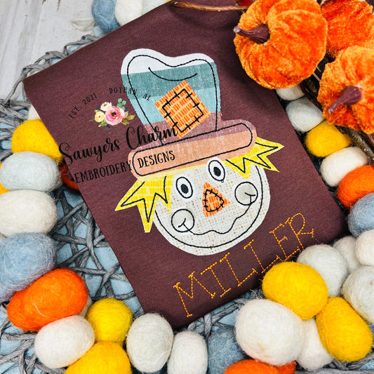 BUNDLE Boy Scarecrow with patch zig zag & bean stitch applique, machine embroidery design file, fall, thanksgiving, quick stitch, harvest