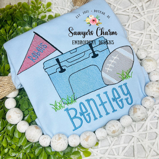 Tailgating cooler, football, pennant sketch stitch machine embroidery design file, sports, college school team, snacks, food, game day