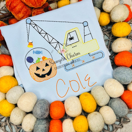 Halloween crane sketch stitch machine embroidery design, quick stitch, construction digger truck transportation jackolantern candy, spooky