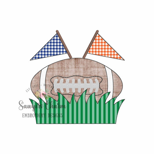 BUNDLE Football with grass name plate & pennants with/without bow, bean stitch machine applique embroidery design, quick stitch, fall sports