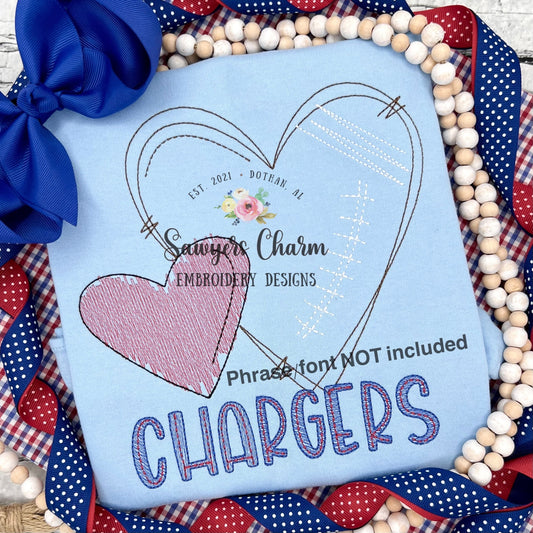 Squiggly scribble football heart bean & sketch stitch machine embroidery design file, quick stitch, fall, sports fan, game day, love
