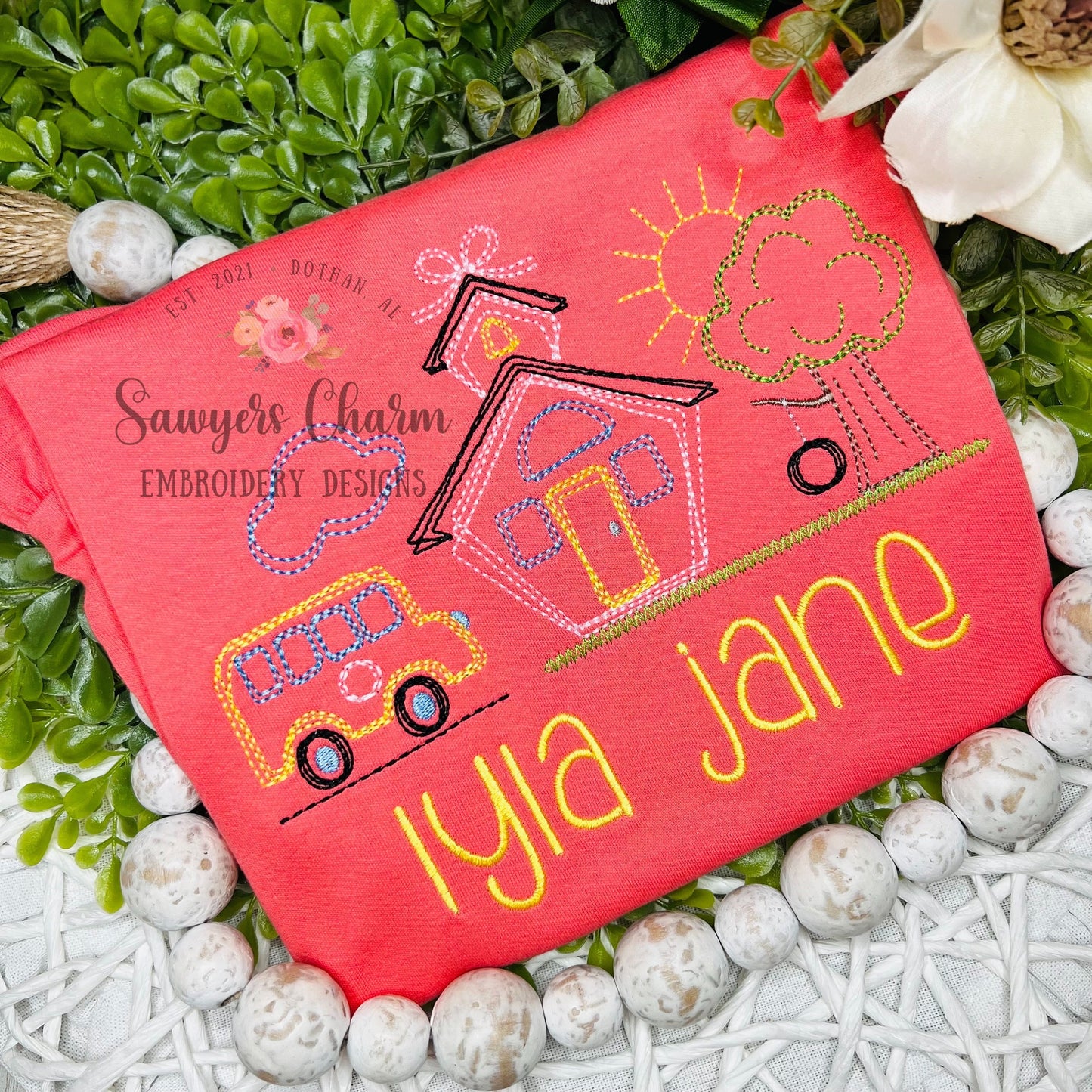 BUNDLE Squiggly Back to school bus, school house, tree with swing trio with/without bow, bean stitch embroidery design file, quick stitch