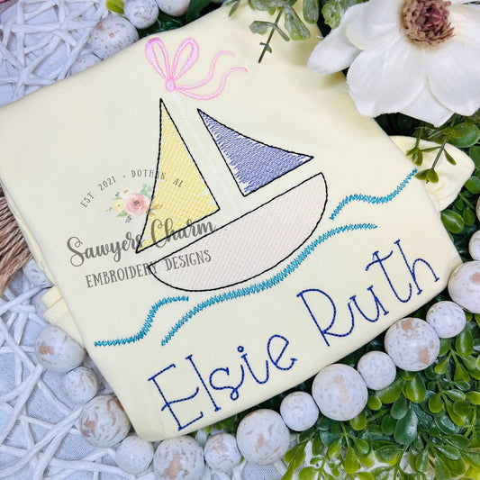 BUNDLE sailboat with & without bow/flag watercolor sketch stitch machine embroidery design file, summer nautical beach, water vessel waves