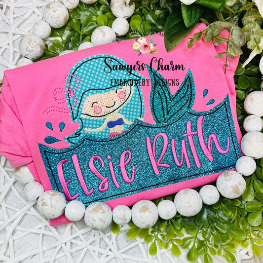 BUNDLE Mermaid jumping out of water with name plate zig zag & bean stitch machine embroidery design file, quick stitch, bow, ocean beach