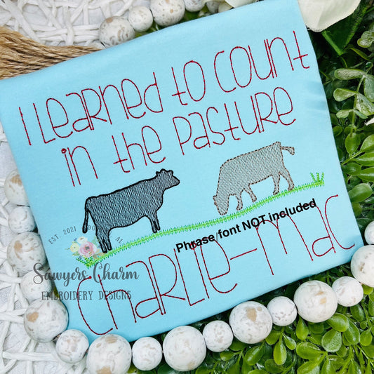 Cows in field with/without clouds sketch stitch machine embroidery design file, quick stitch, bean stitch, farm animals, farm barnyard