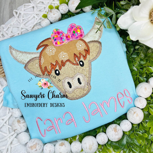 BUNDLE Highland cow boy & girl with bow zig zag stitch applique, machine embroidery design file, farm animal, bull heifer calf, quick stitch