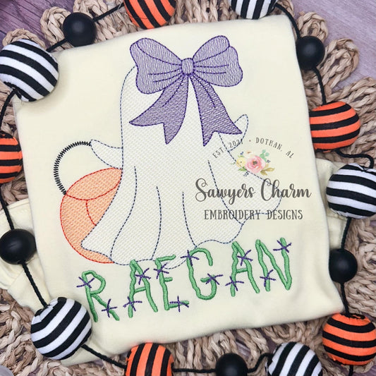Ghost with bow & candy bucket sketch stitch machine applique embroidery design, quick stitch, fall, halloween, spooky season, trick or treat