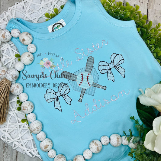 Baseball bats home plate, bows sketch stitch trio, machine embroidery design file, ballgame sports outfield, quick stitch, girl softball