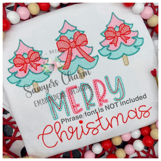 Whimsy Christmas trees with bows sketch stitch trio, machine embroidery design file, quick stitch, holidays, bean stitch details, woodland