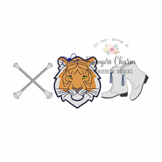 Batons, tiger with bow, majorette boots trio, sketch stitch embroidery design, college university, football cheerleader, dance, coquette