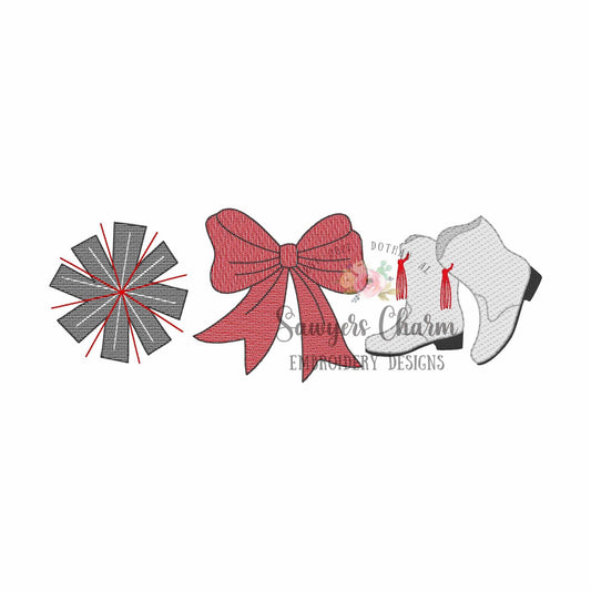 Pom pom, bow, majorette boots trio, sketch stitch embroidery design, college university, football cheerleader, dance, coquette, mardi gras