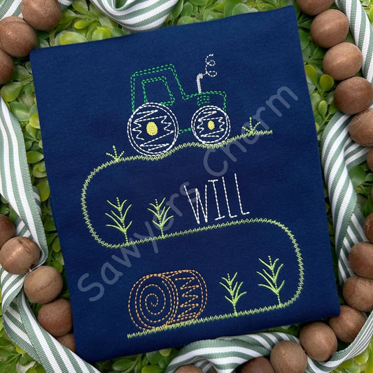 Squiggly Tractor hay bales trio bean stitch machine embroidery design file, quick stitch, farming, harvest, transportation, wheat, crops