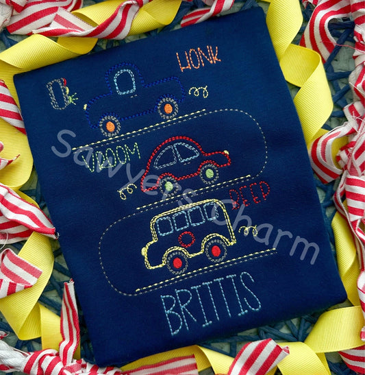Squiggly truck, car, bus trio, quick stitch, vintage style, bean stitch machine embroidery design file, stoplight, road, honk, vroom, beep