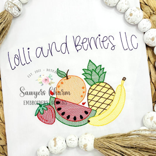 Group of fruit sketch stitch machine embroidery design file, Two-tti fruity, summer, watermelon, pineapple, strawberry, banana, orange