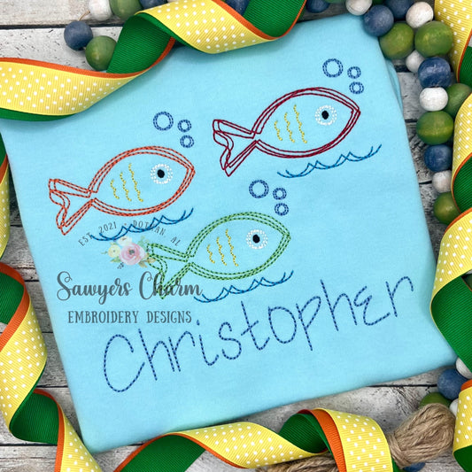 Squiggly fish in water with bubbles trio, quick stitch, vintage style, bean stitch machine embroidery design file, waves, ocean lake, summer