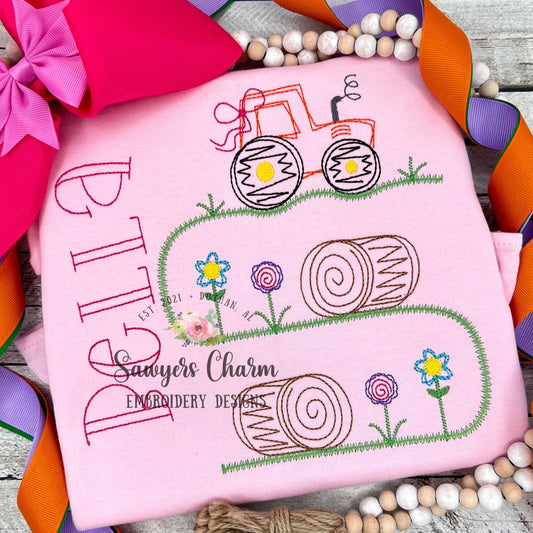 Squiggly Tractor hay bales trio with bow and flowersbean stitch machine embroidery design file, quick stitch, farming, harvest, spring crops