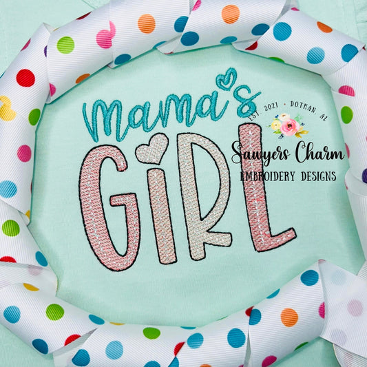 Mama's Girl light fill sketch stitch machine embroidery design file, satin stitch, vintage retro, girly Mother's Day, mom, baby girl, love