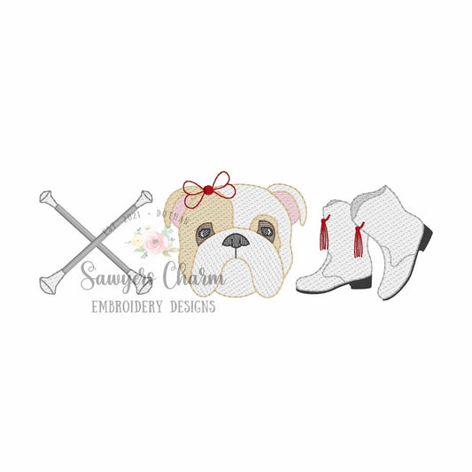 Batons, two color bulldog, majorette boots trio, sketch stitch embroidery design, college university, football cheerleader, dance, coquette