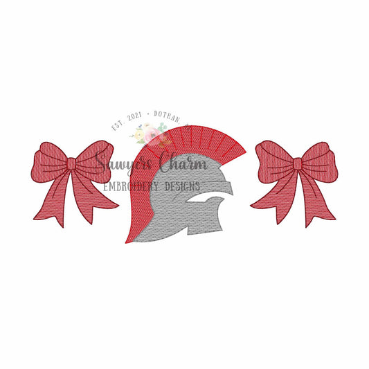 Coquette bows & trojan trio, sketch stitch machine embroidery design, college university, football cheerleader, sports fan, spartan/knight