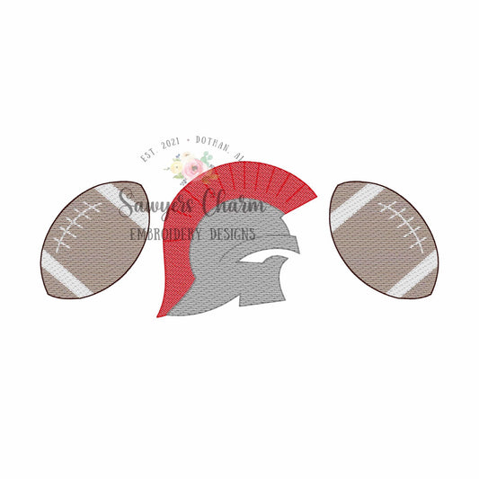 Trojan footballs trio, sketch stitch machine embroidery design, college university, spartan, knight, mascot sports fan, quick stitch