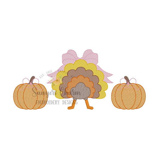 Turkey tail with bows & pumpkins trio sketch stitch embroidery design file, fall, thanksgiving, quick stitch, coquette, feathers