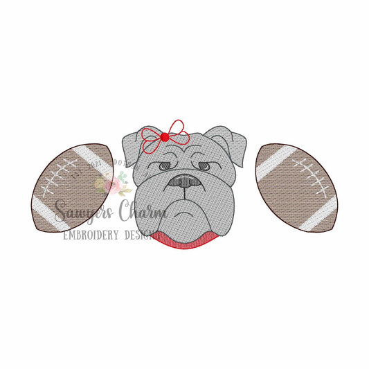 BUNDLE bulldog with collar & football trio, with/without bow sketch stitch machine embroidery design, college university, cheerleader sports