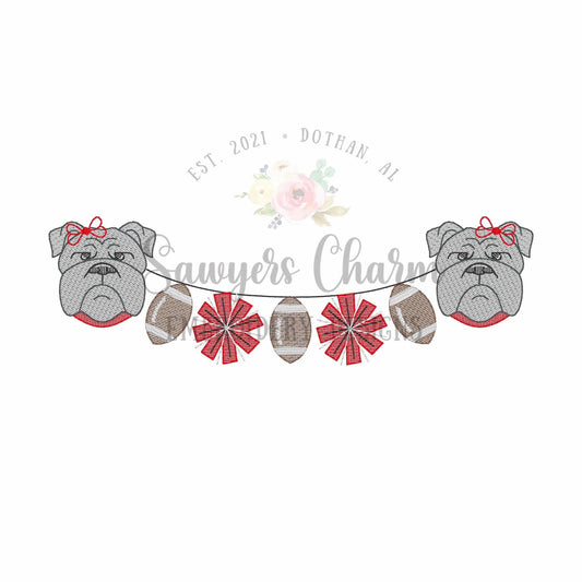 Bulldog with collar & footballs/pom poms bunting banner sketch stitch machine embroidery design, college university, sports, mascot, cheer