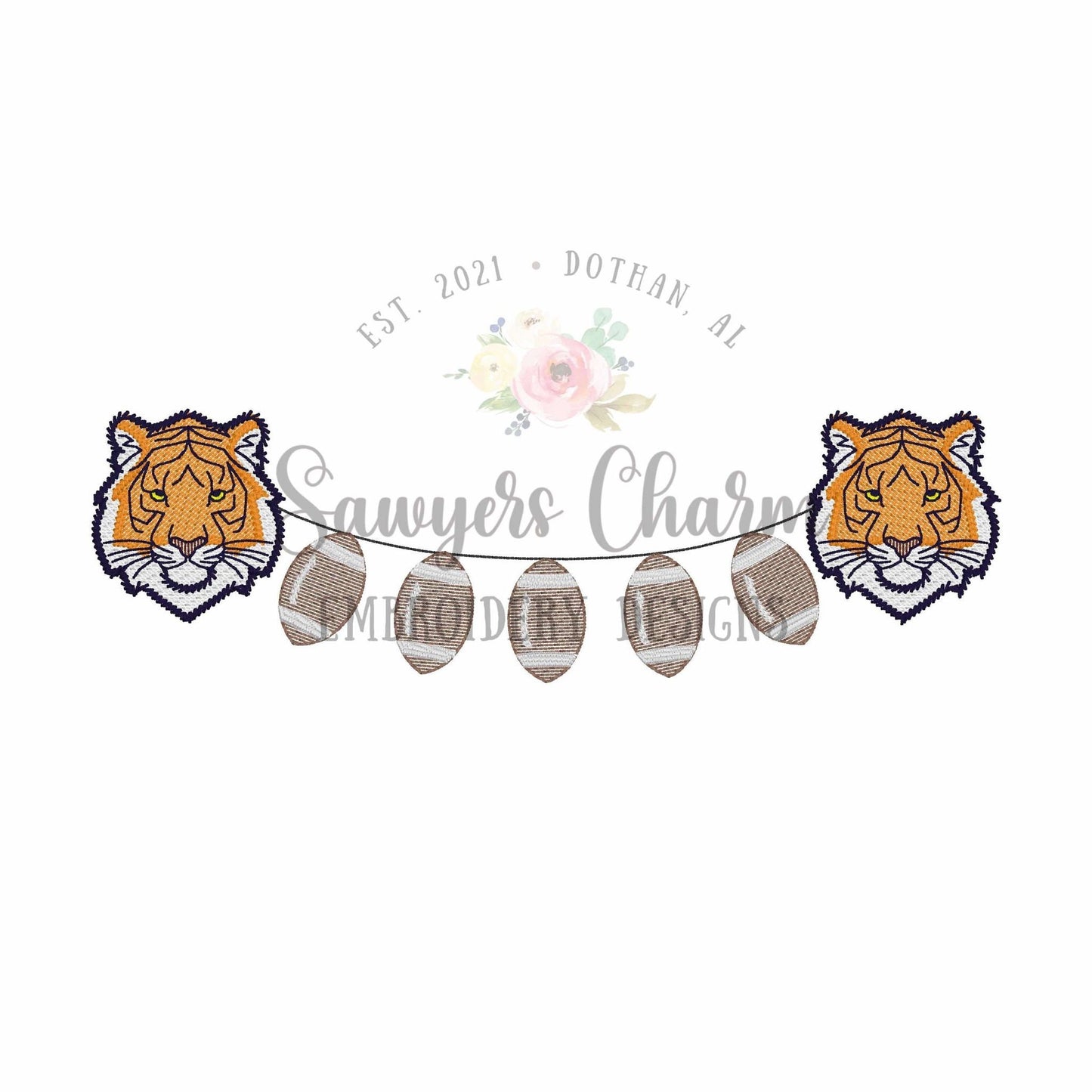 Tiger face & footballs bunting banner sketch stitch machine embroidery design, college university, fall sports fan, quick stitch