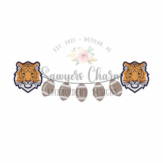 Tiger face & footballs bunting banner sketch stitch machine embroidery design, college university, fall sports fan, quick stitch