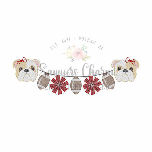 Bulldog two colors & footballs/pom poms trio sketch stitch machine embroidery design, college university, sports fan, mascot, cheerleader