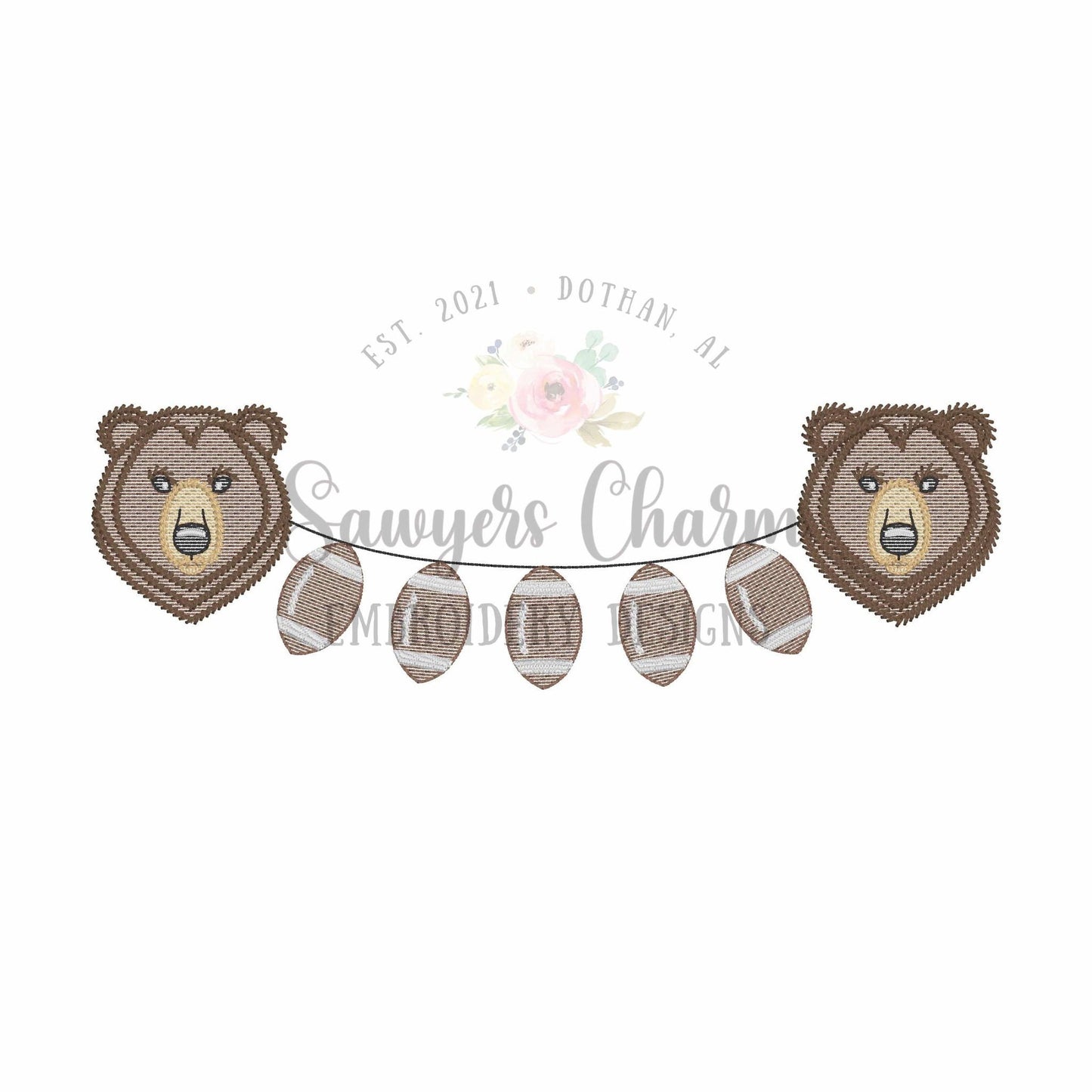 Bear & footballs bunting banner, sketch stitch machine embroidery design, college university mascot, fall sports fan, grizzly, quick stitch