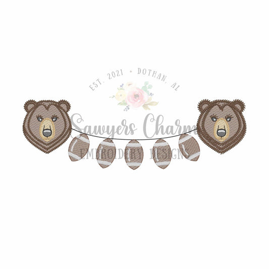 Bear & footballs bunting banner, sketch stitch machine embroidery design, college university mascot, fall sports fan, grizzly, quick stitch