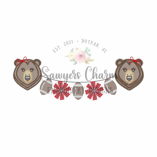 Bear & footballs/pom poms bunting banner, sketch stitch machine embroidery design, college university mascot, fall sports fan, grizzly cheer