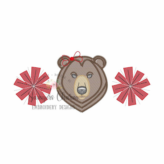 Pom poms and bear trio, sketch stitch embroidery design, college university, football cheerleader, cheer mascot, coquette bow, grizzly