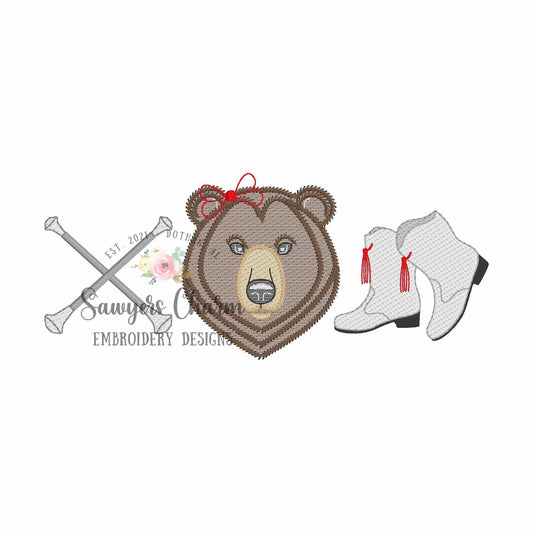 Batons, bear with bow, majorette boots trio, sketch stitch embroidery design, college university, football cheerleader, dance, coquette