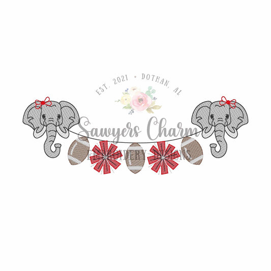 Elephant & footballs/pom poms bunting banner sketch stitch machine embroidery design, college university, fall sports fan, cheerleading