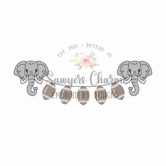 Elephant & footballs bunting banner sketch stitch machine embroidery design, college university, fall sports fan, quick stitch