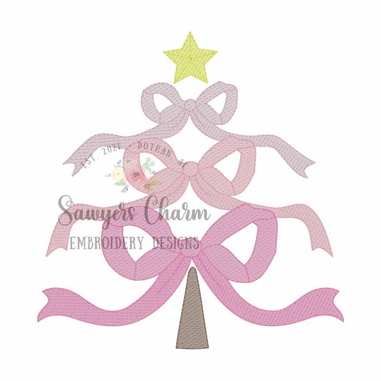 Coquette Bows Christmas tree with ornaments sketch stitch, machine embroidery design file, quick stitch, happy holidays, star